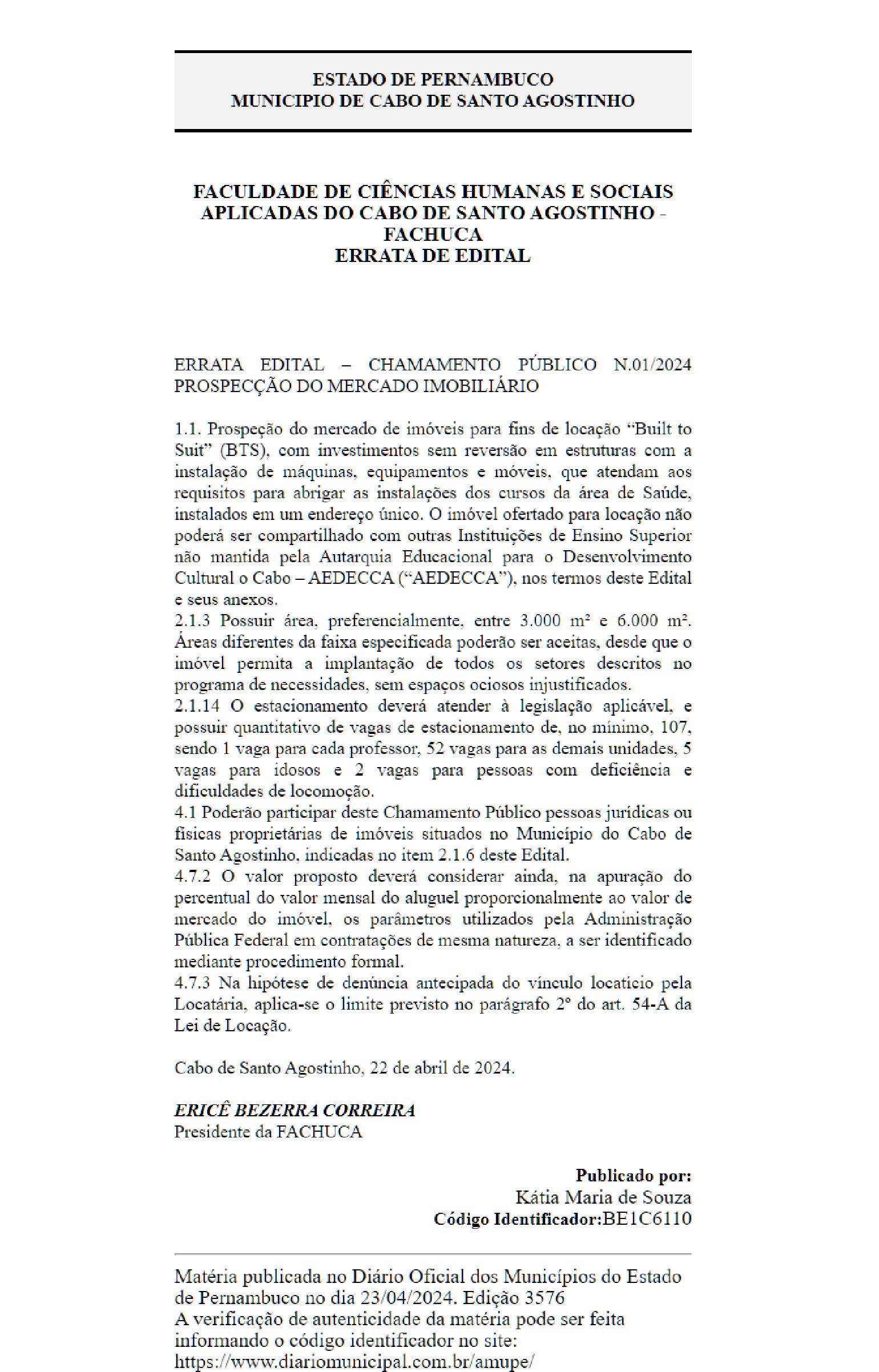 Errata Edital 23-04-2024 chamamento Público N.01-2024 Prospecção Do Mercado Imobiliário