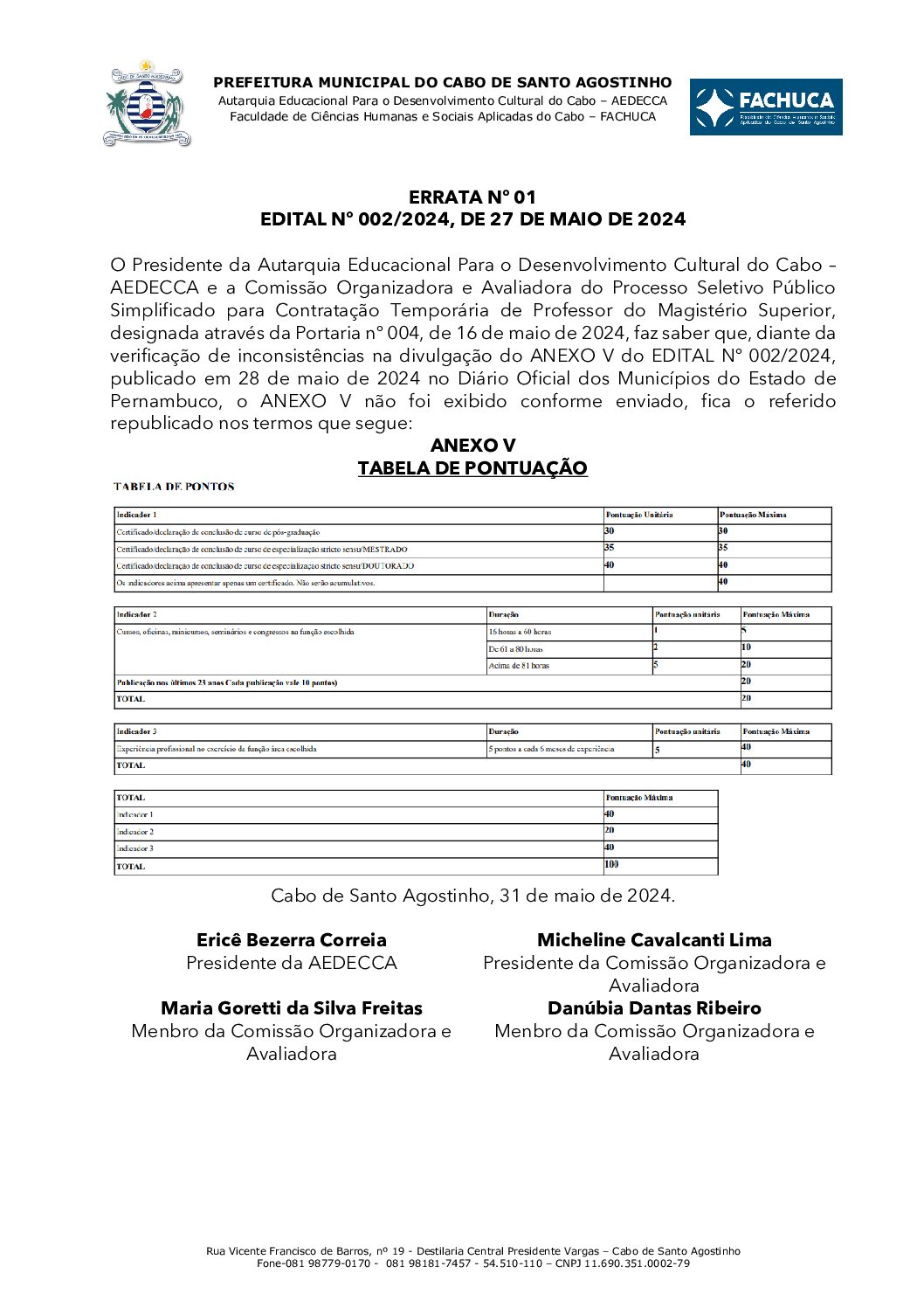Errata Nº 01 Edital Nº 002/2024 De 27 De Maio De 2024