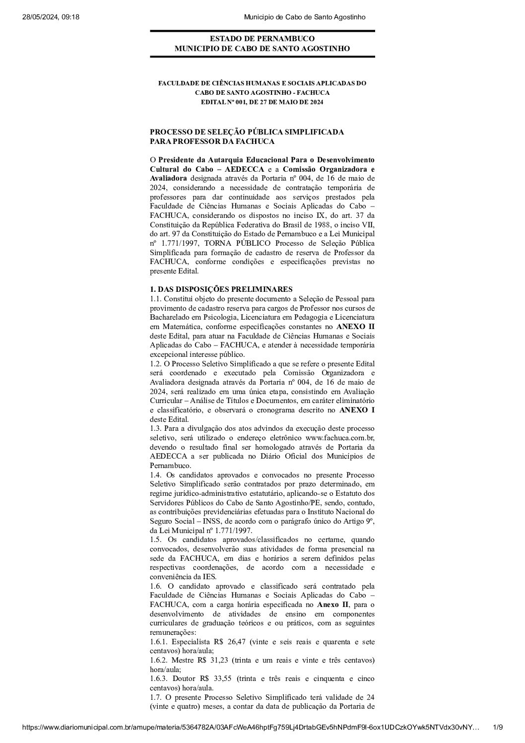 Seleção Simplificada para professores 2024  Edital 001