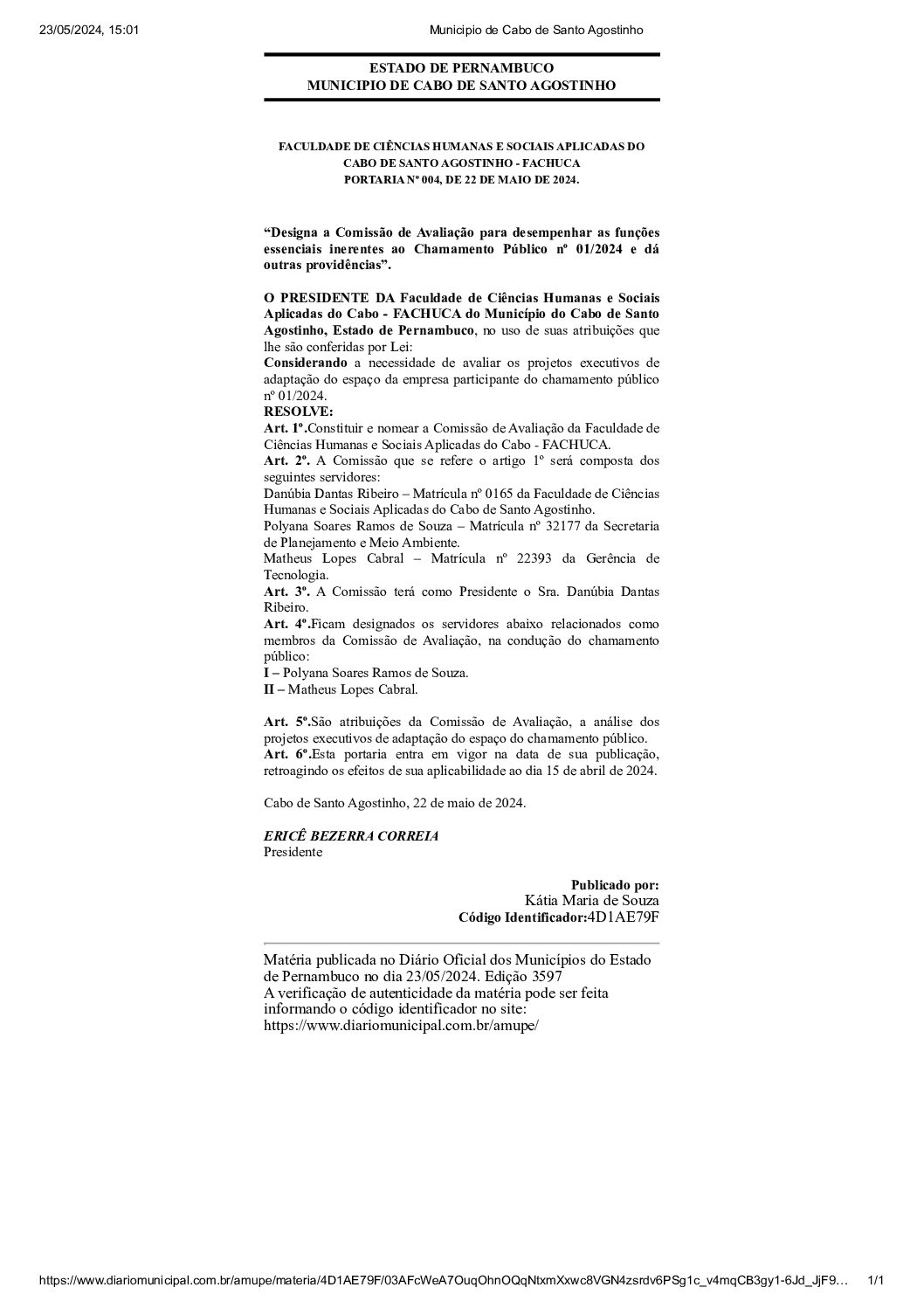 Portaria de Comissão de Avaliação Técnica do Edital do Chamamento Público do BTS