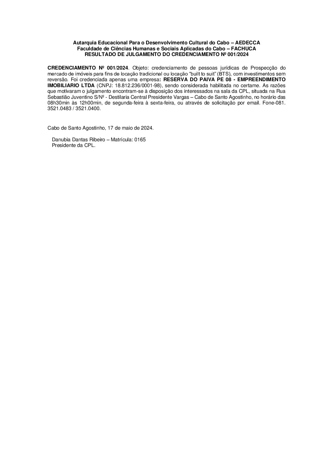 Resultado de Julgamento do Credenciamento Nº 001/2024