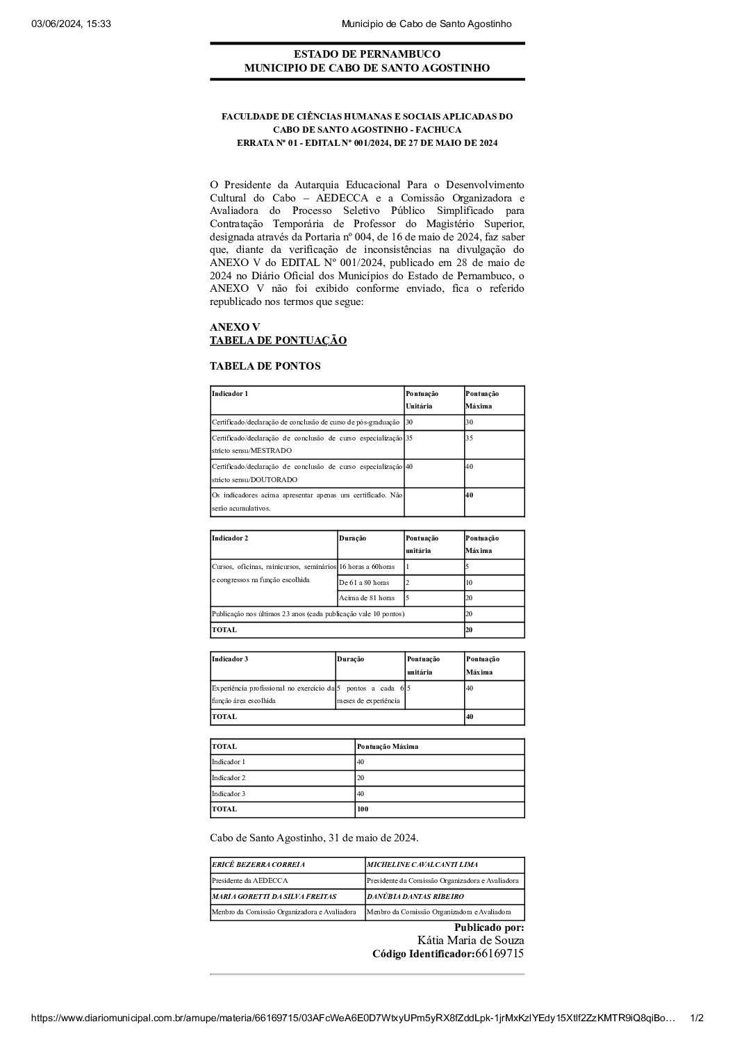 ERRATA No 01 – EDITAL No 001/2024 DE 27 DE MAIO DE 2024