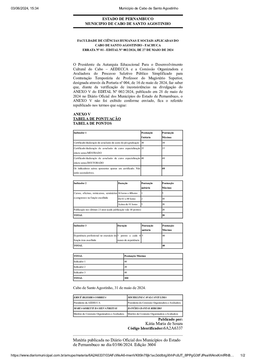 ERRATA No 01 – EDITAL No 002/2024 DE 27 DE MAIO DE 2024