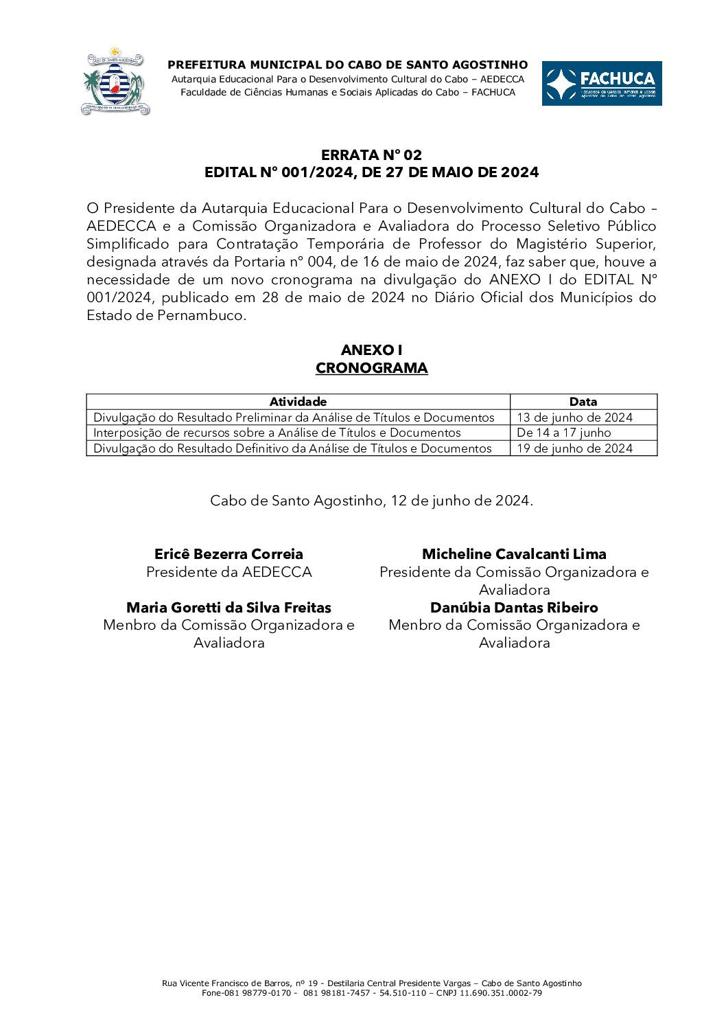 ERRATA No 02 – EDITAL No 001/2024 DE 27 DE MAIO DE 2024