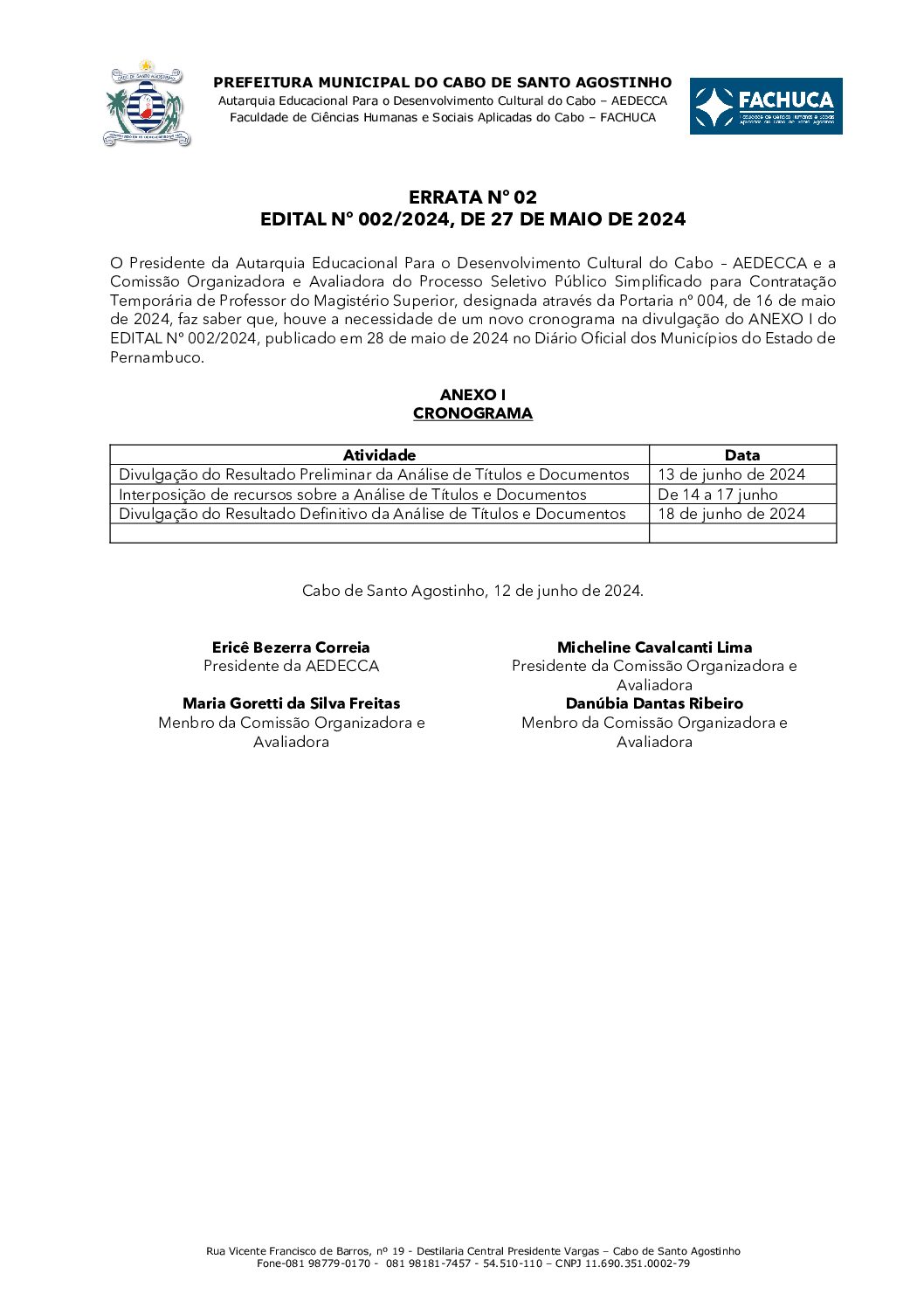 ERRATA No 01 – EDITAL No 002/2024 DE 27 DE MAIO DE 2024