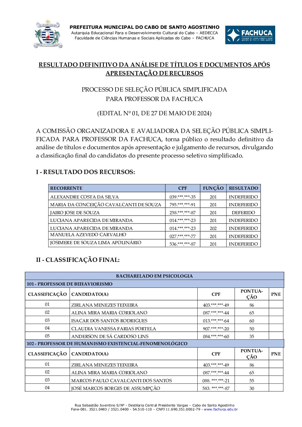 Resultado Definitivo da Análise de Títulos e Documentos após Recursos – Edital 1