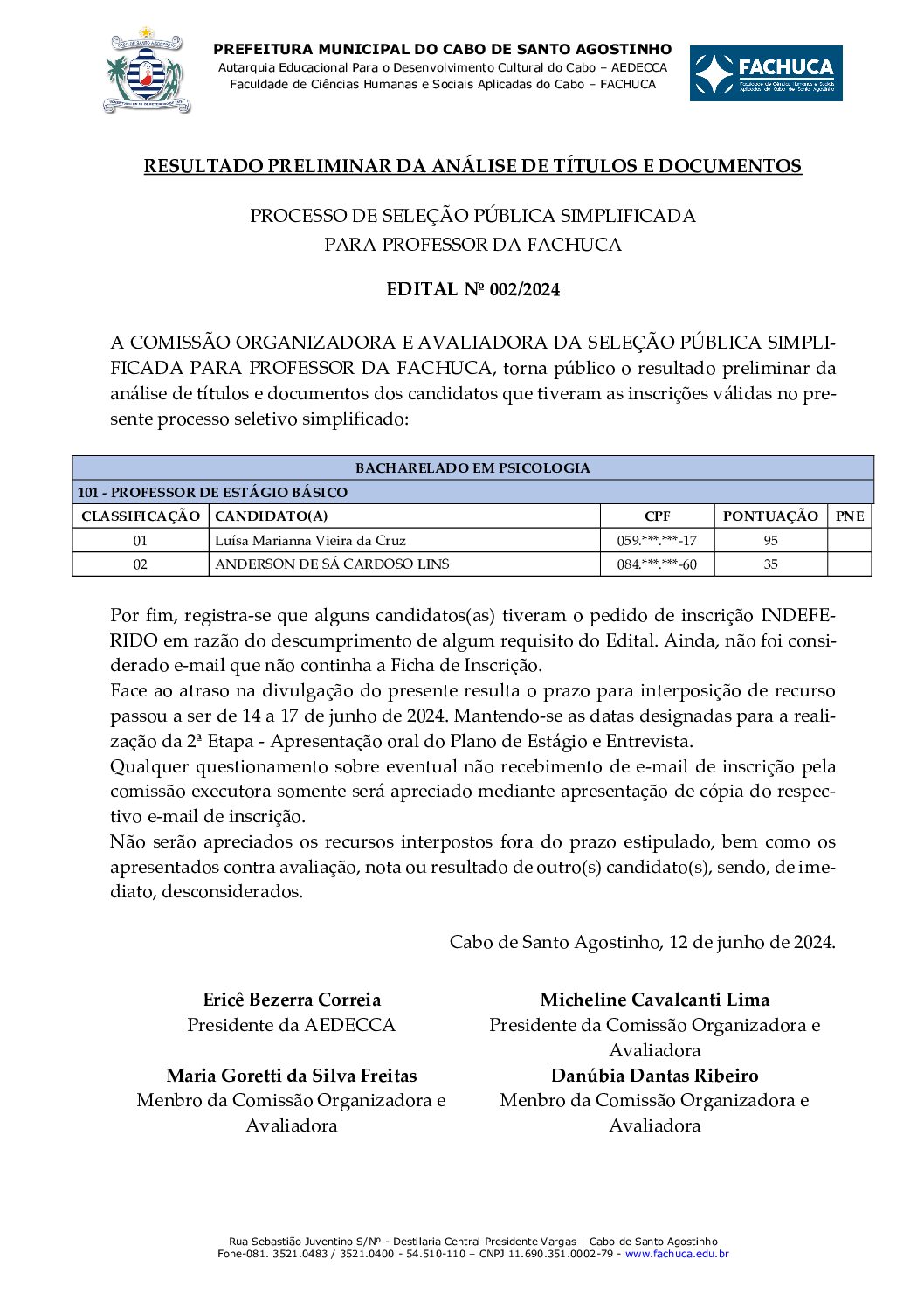 Resultado Preliminar da Análise de Títulos e Documentos – EDITAL 002-2024 – ESTÁGIO