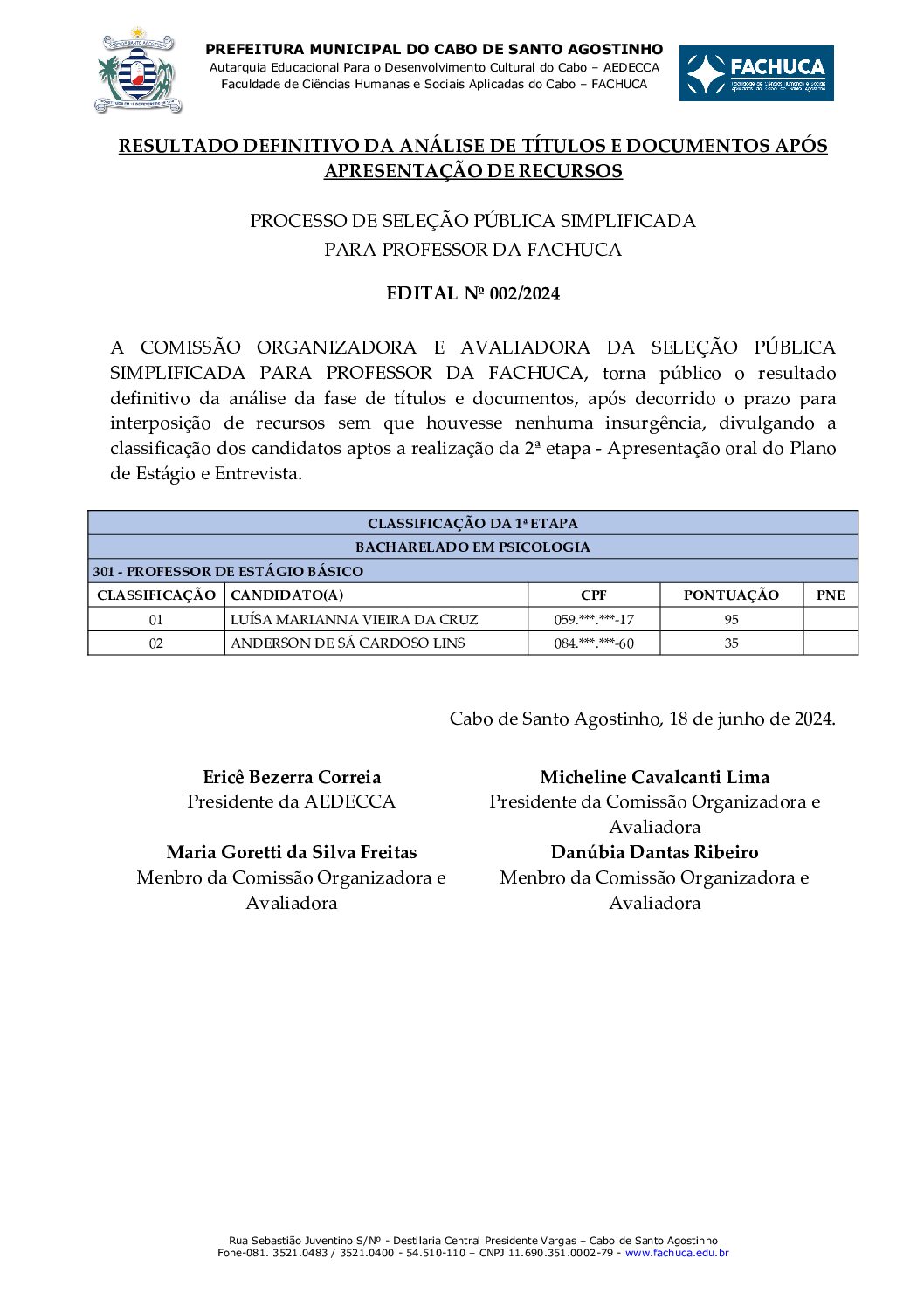 Resultado da Análise de Títulos e Documentos após RecursosEDITAL 002 – ESTÁGIO