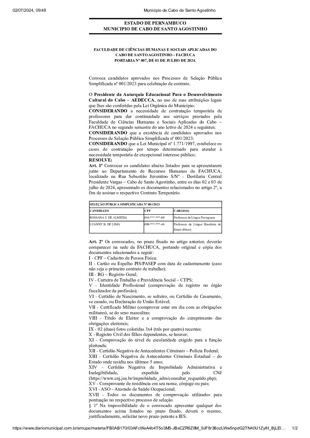Convocação dos candidatos aprovados nos Processos de Seleção Pública Simplificada nº 001/2023