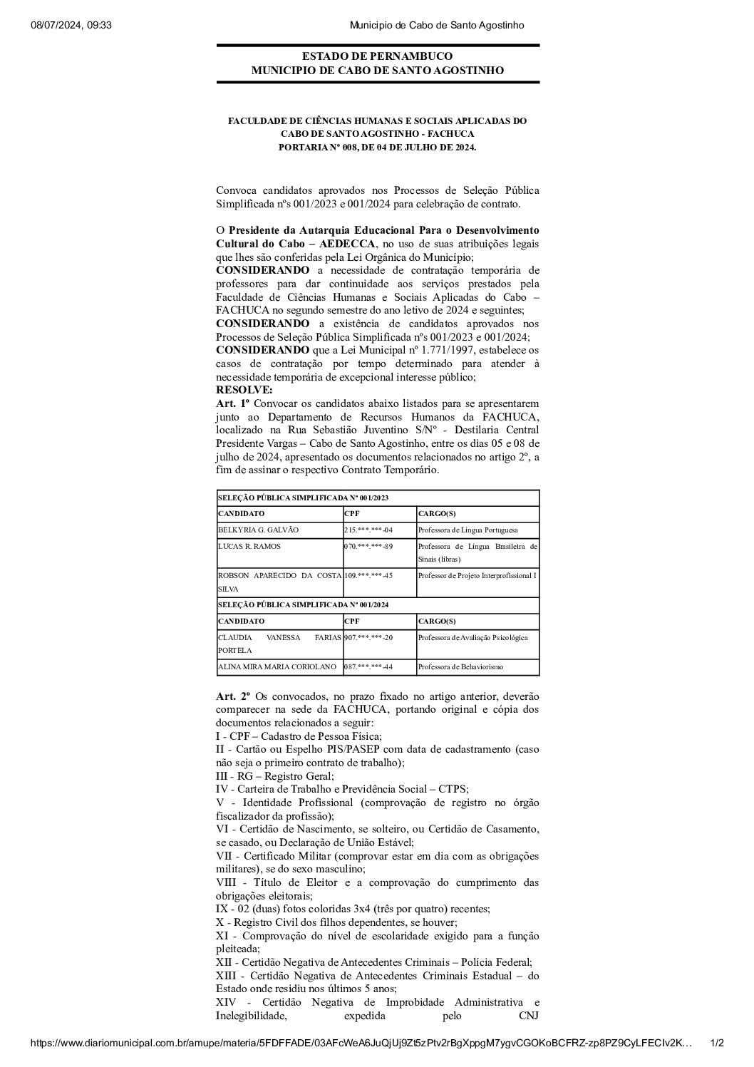 Convocação dos candidatos aprovados nos Processos de Seleção Pública Simplificada nºs 001/2023 e 001/2024