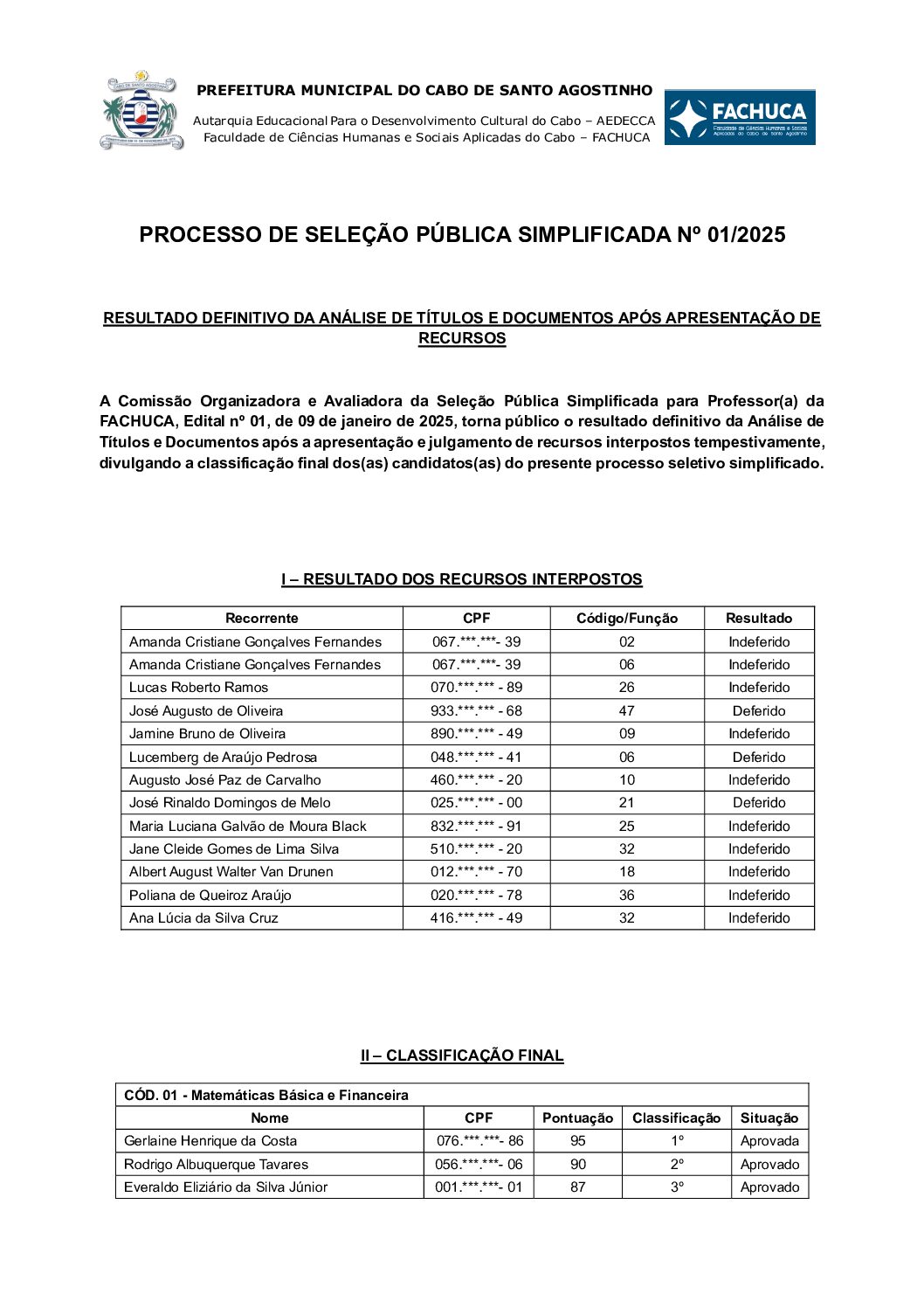 Resultado Final Seleção Edital n. 01/2025