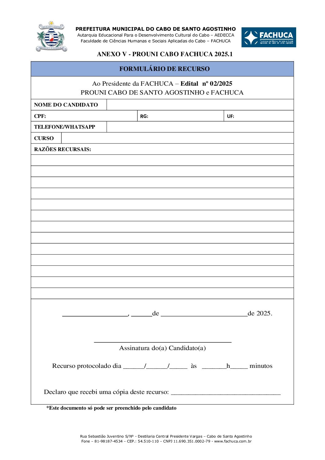 ANEXO V – FORMULÁRIO DE RECURSO PROUNI CABO FACHUCA 2025.1