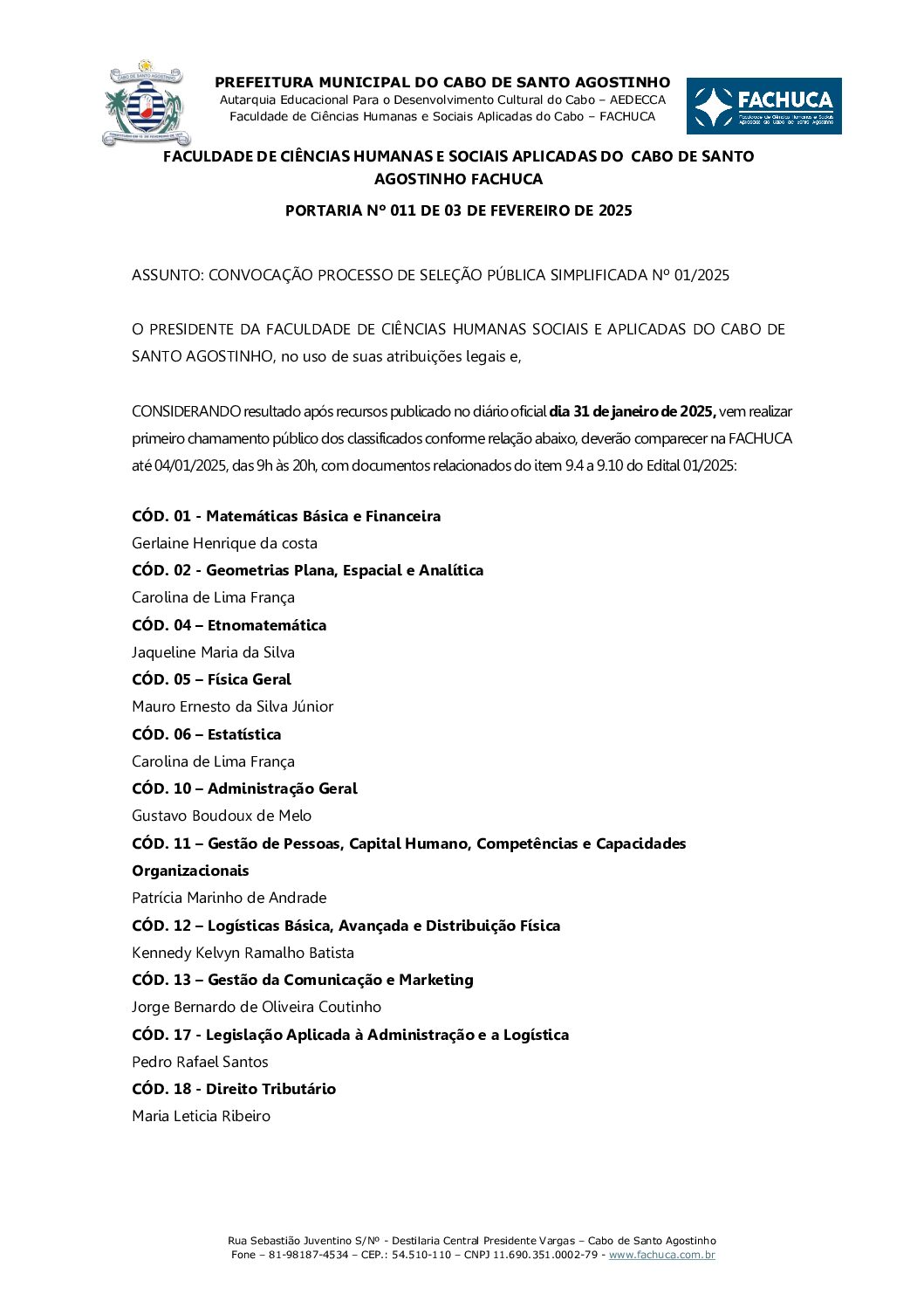 Portaria  nº 11 – Convocação Classificados Seleção Simplificada 2025