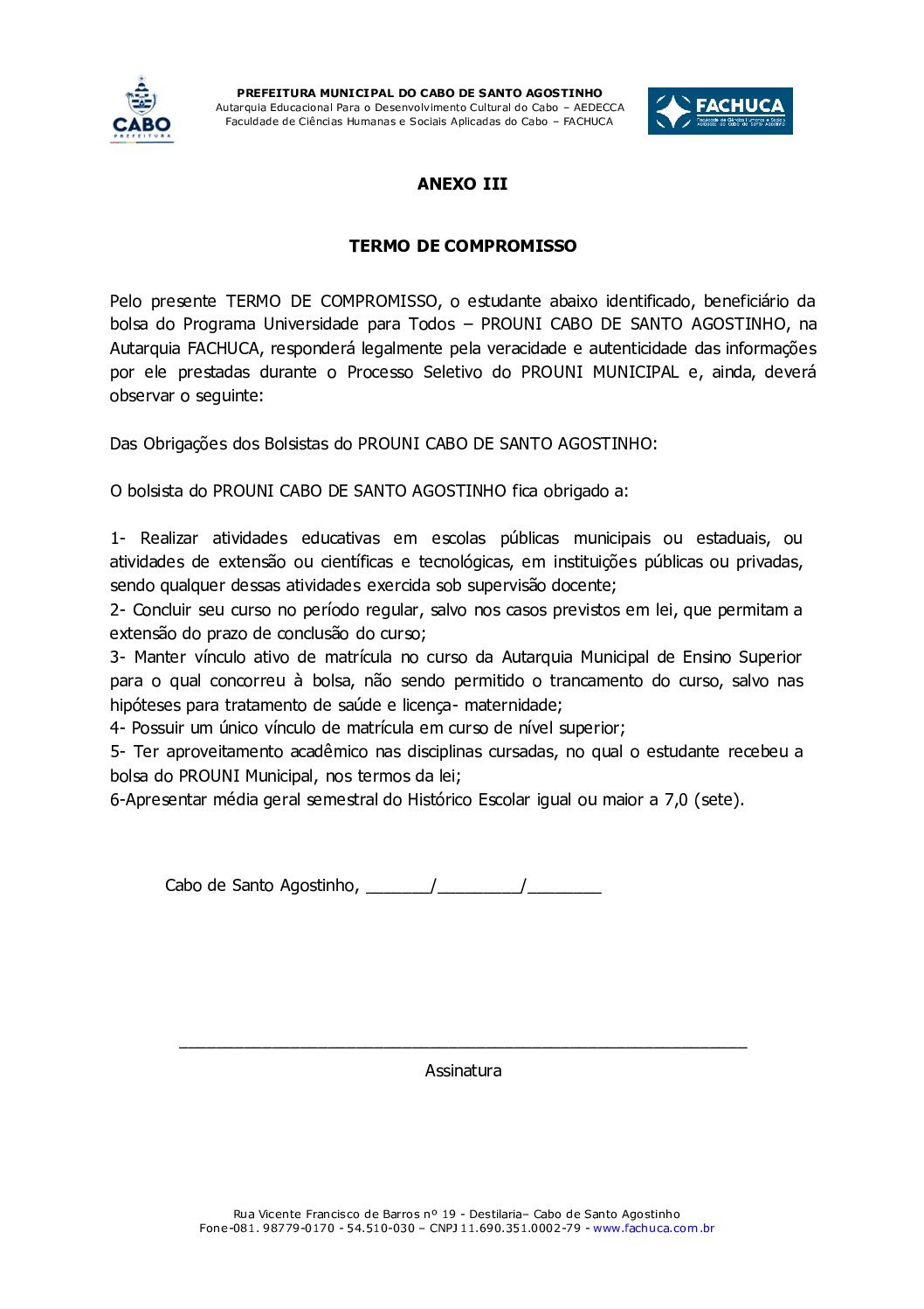 ANEXO III – TERMO DE COMPROMISSO – PROUNI CABO – FACHUCA 2025.2