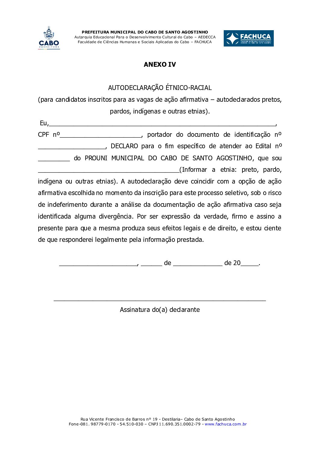 ANEXO IV – AUTODECLARAÇÃO ETNICO-RACIAL – PROUNI CABO – FACHUCA 2025.2