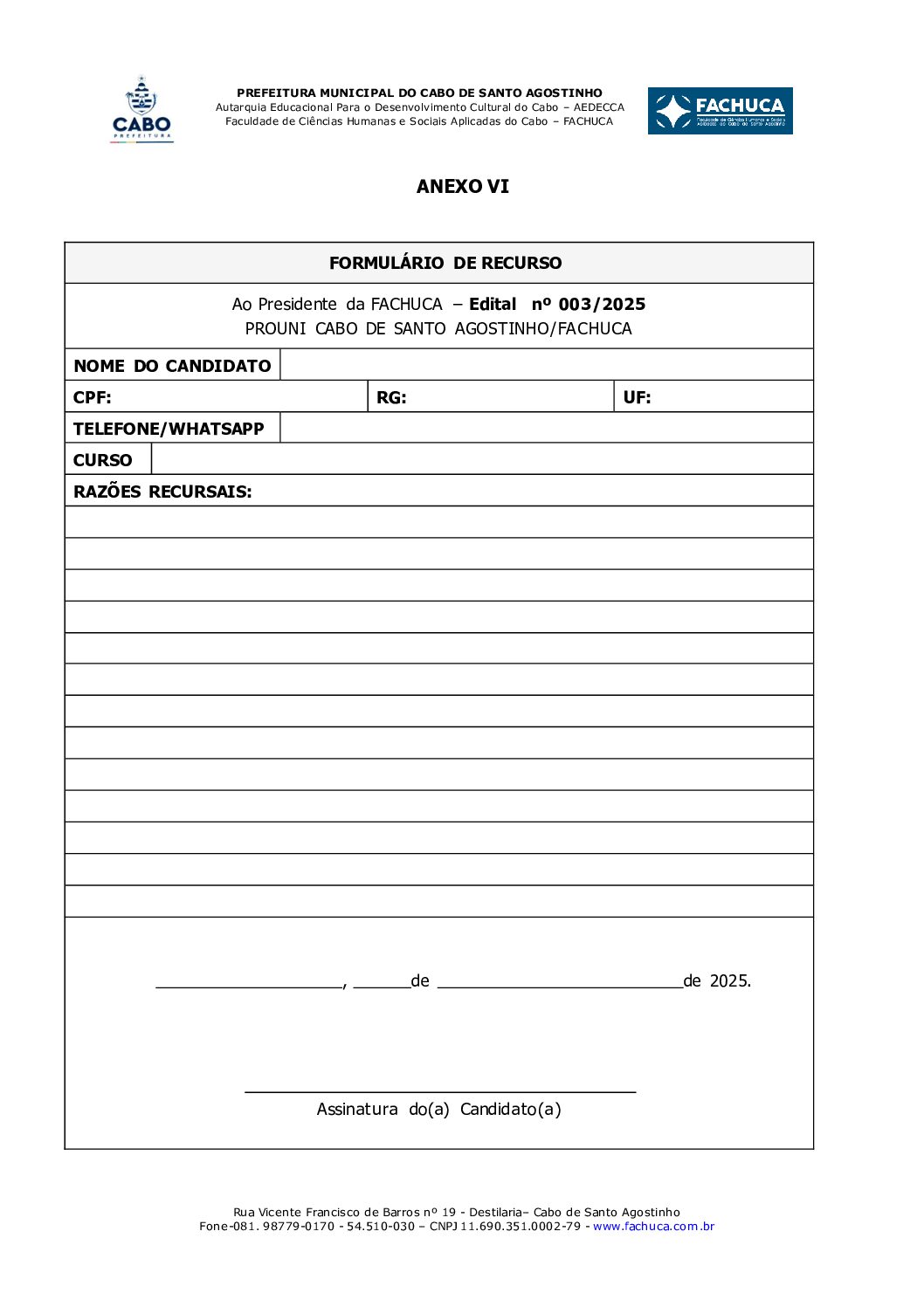 ANEXO VI – FORMULÁRIO DE RECURSO – PROUNI CABO – FACHUCA 2025.2