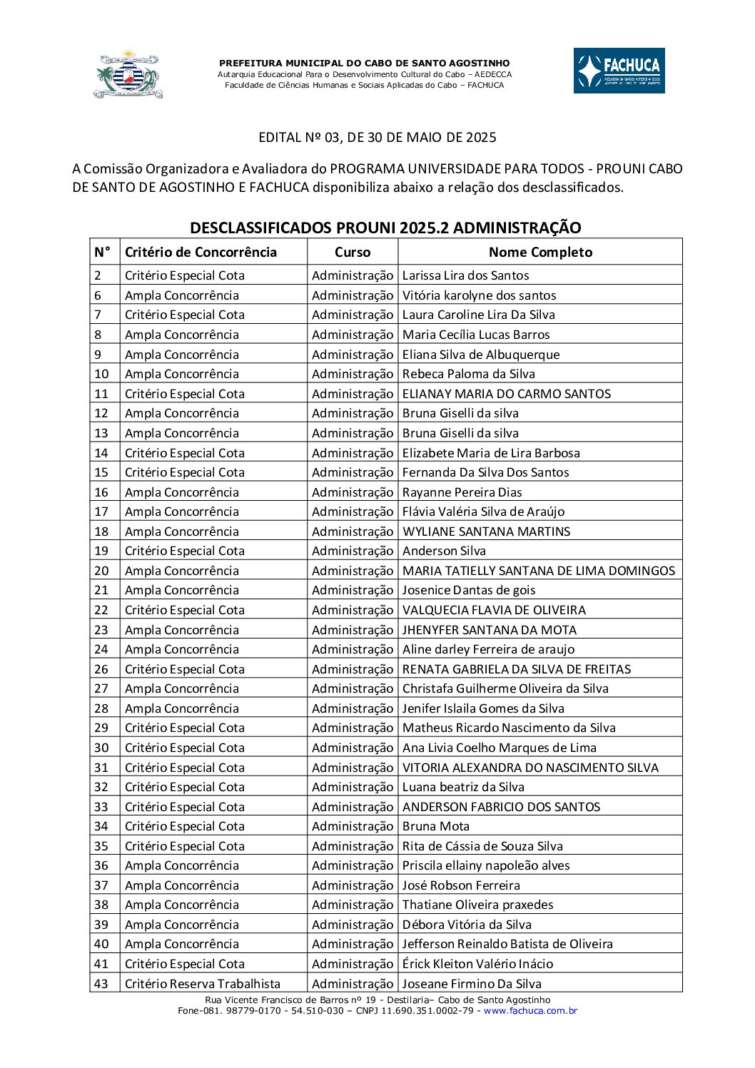 DESCLASSIFICADOS ADMINISTRAÇÃO PROUNI 2025.2 PDF