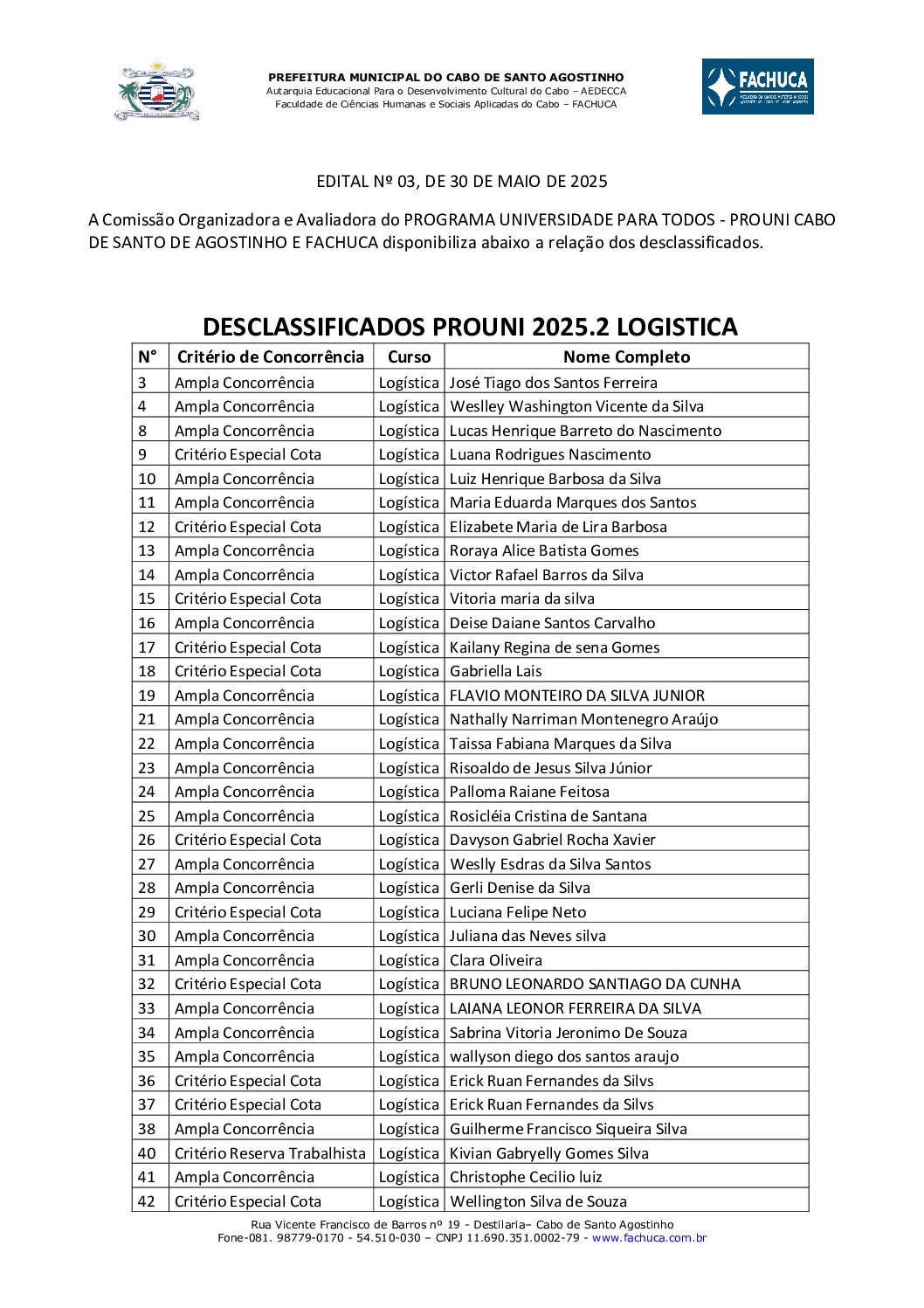 DESCLASSIFICADOS LOGISTICA PROUNI 2025.2