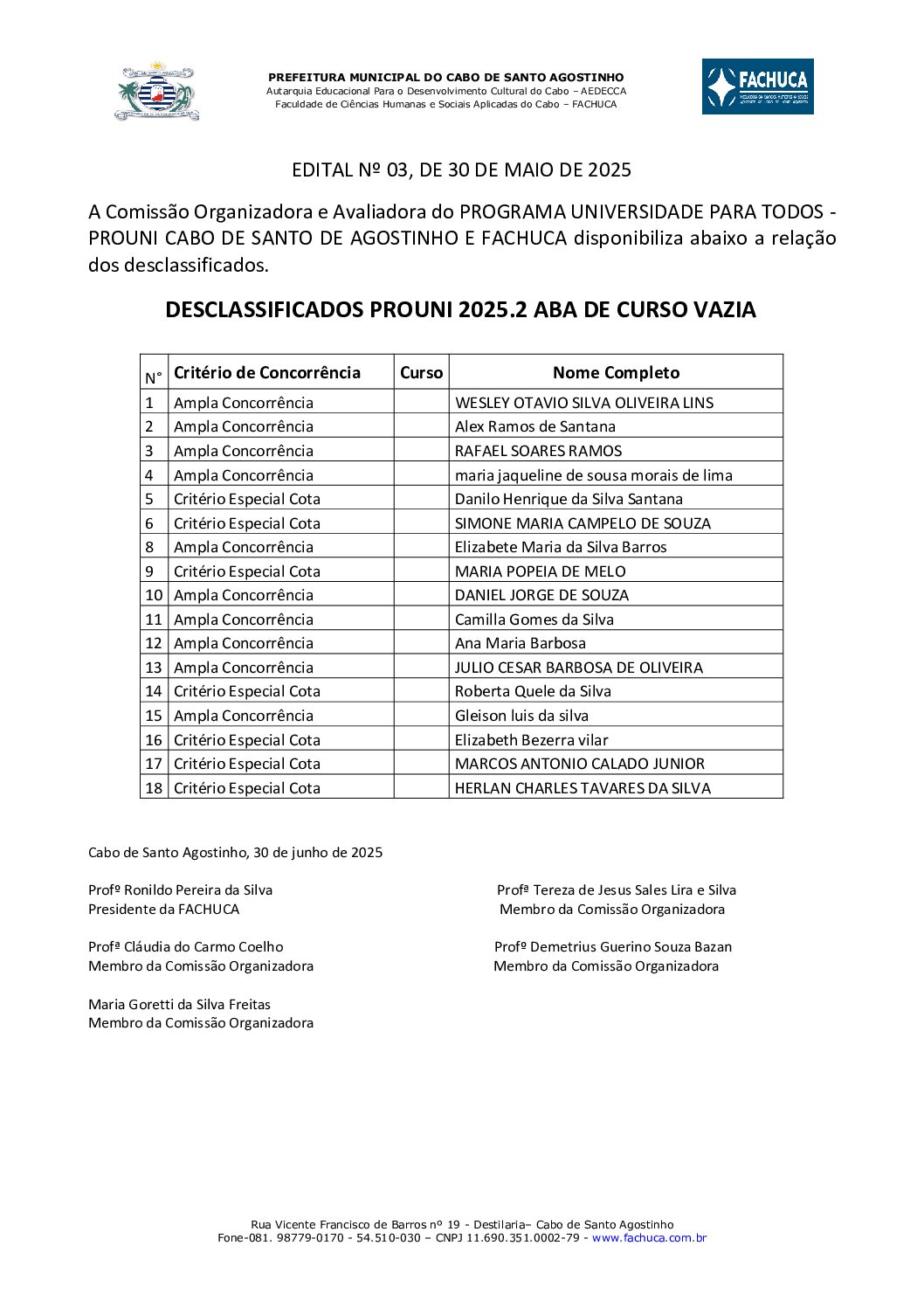 DESCLASSIFICADOS – NÃO ESCOLHA DO CURSO PROUNI 2025.2 PDF