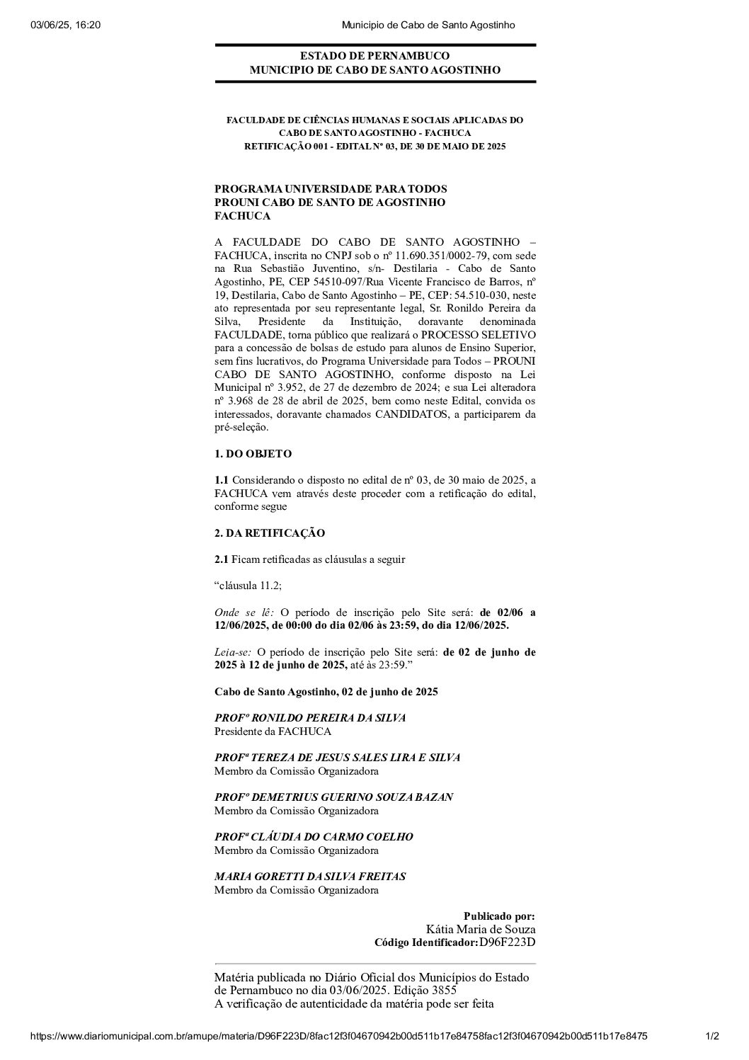 EDITAL DE RETIFICAÇÃO Nº 001 – PROUNI CABO – FACHUCA 2025.2