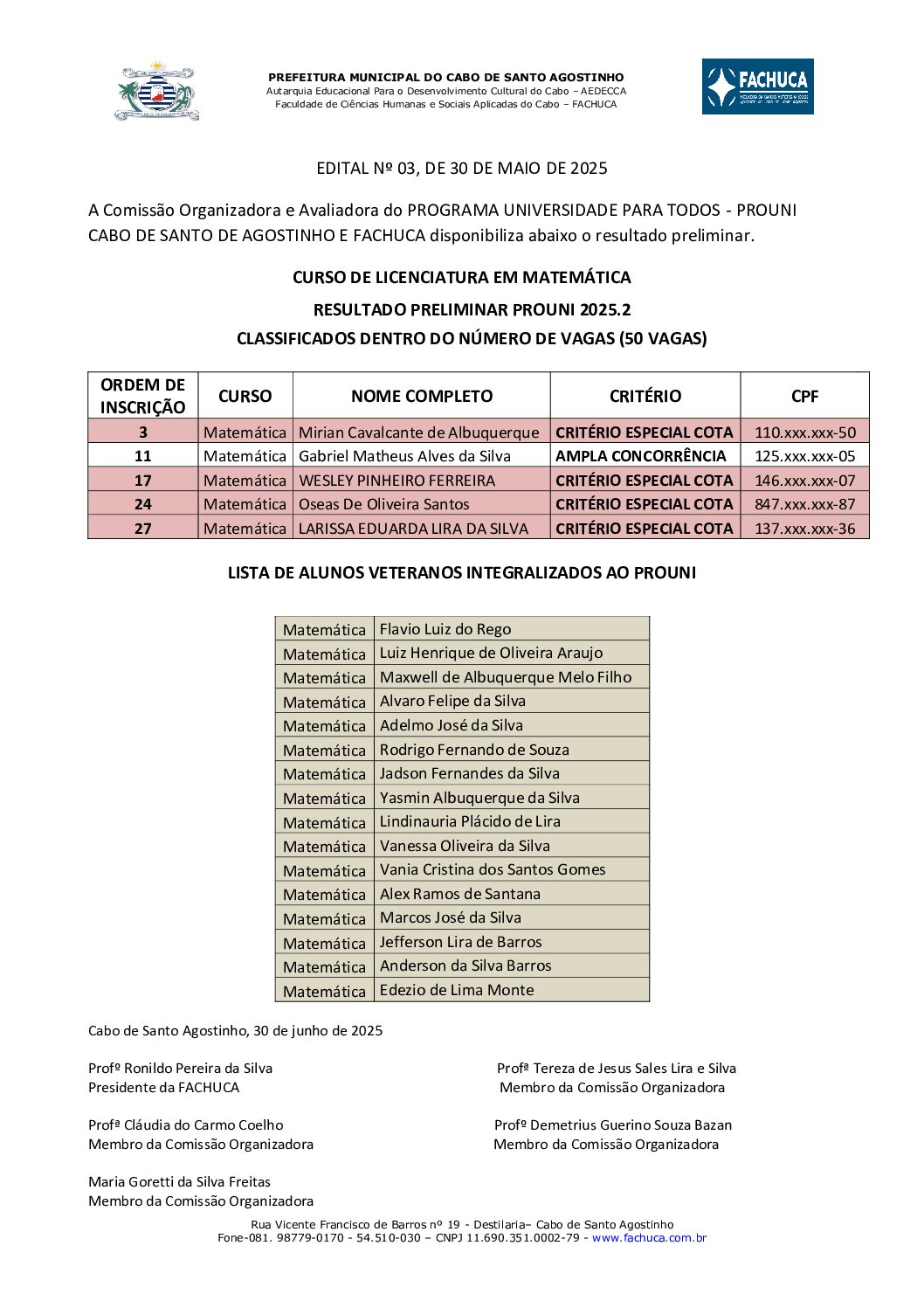 Resultado preliminar PROUNI 2025.2Matemática