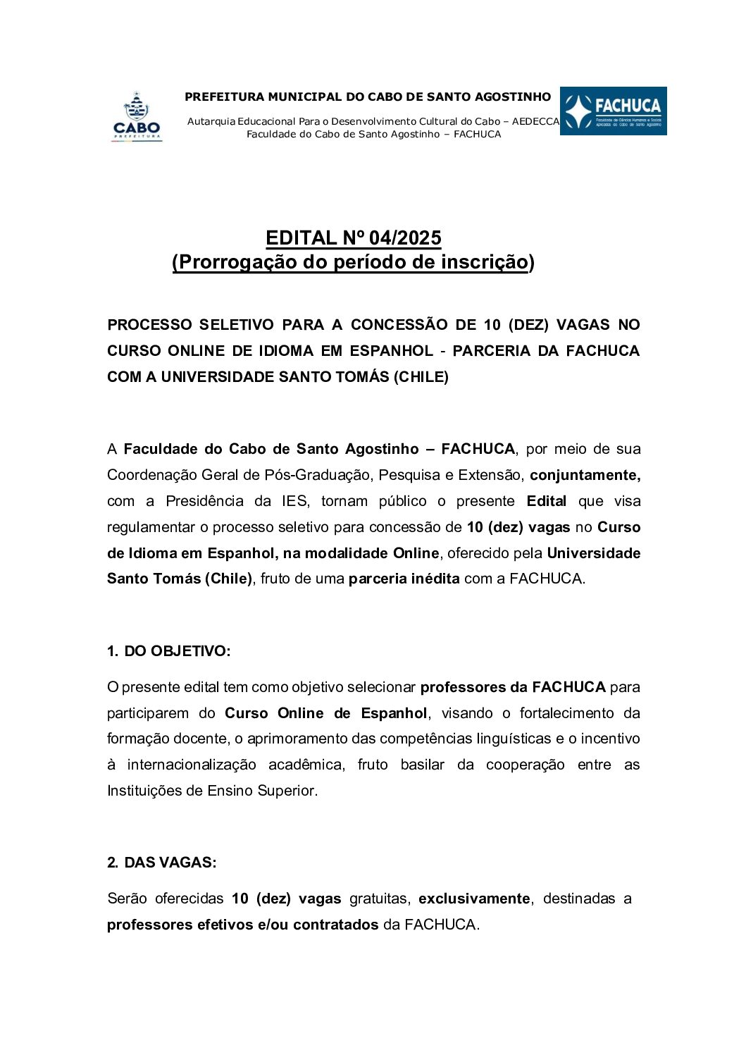 EDITAL Nº 04/2025 (PRORROGAÇÃO)