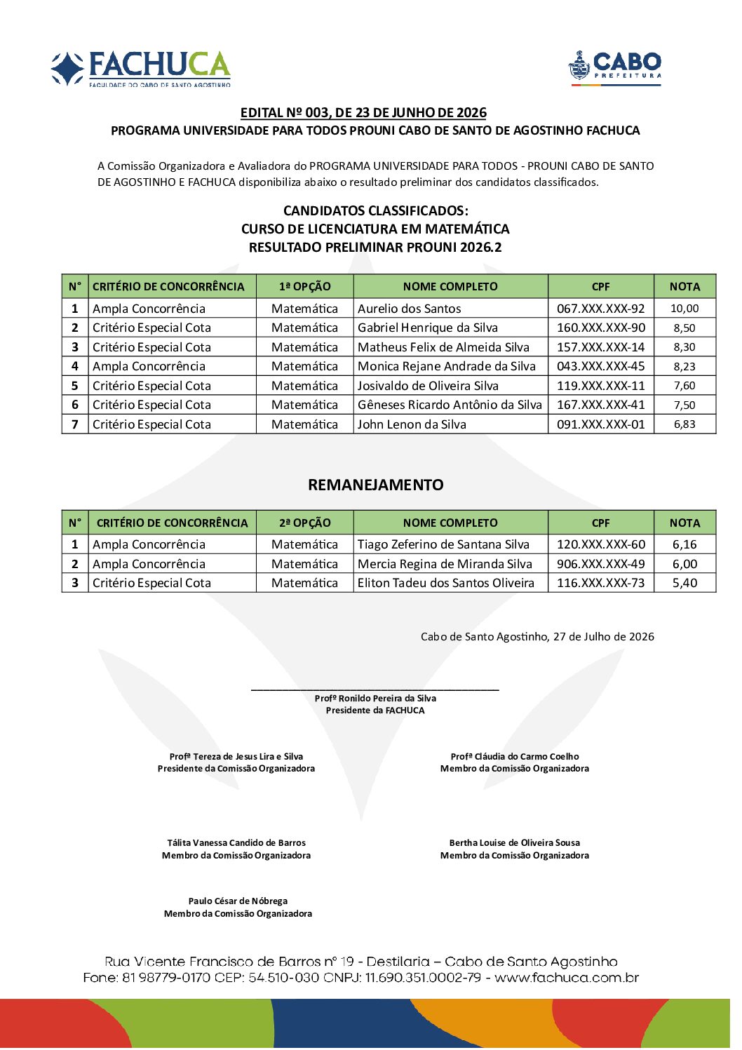 RESULTADO PRELIMINAR CLASSIFICADOS  MATEMÁTICA 2026.2